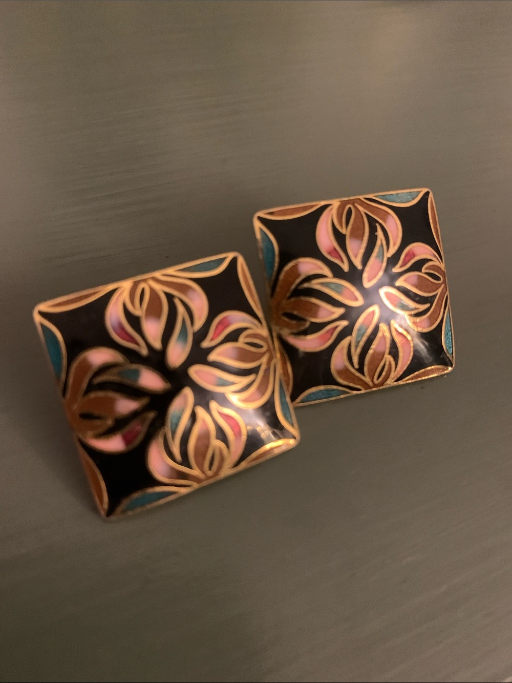 Vintage Black Enamel Floral Square Post Earrings
